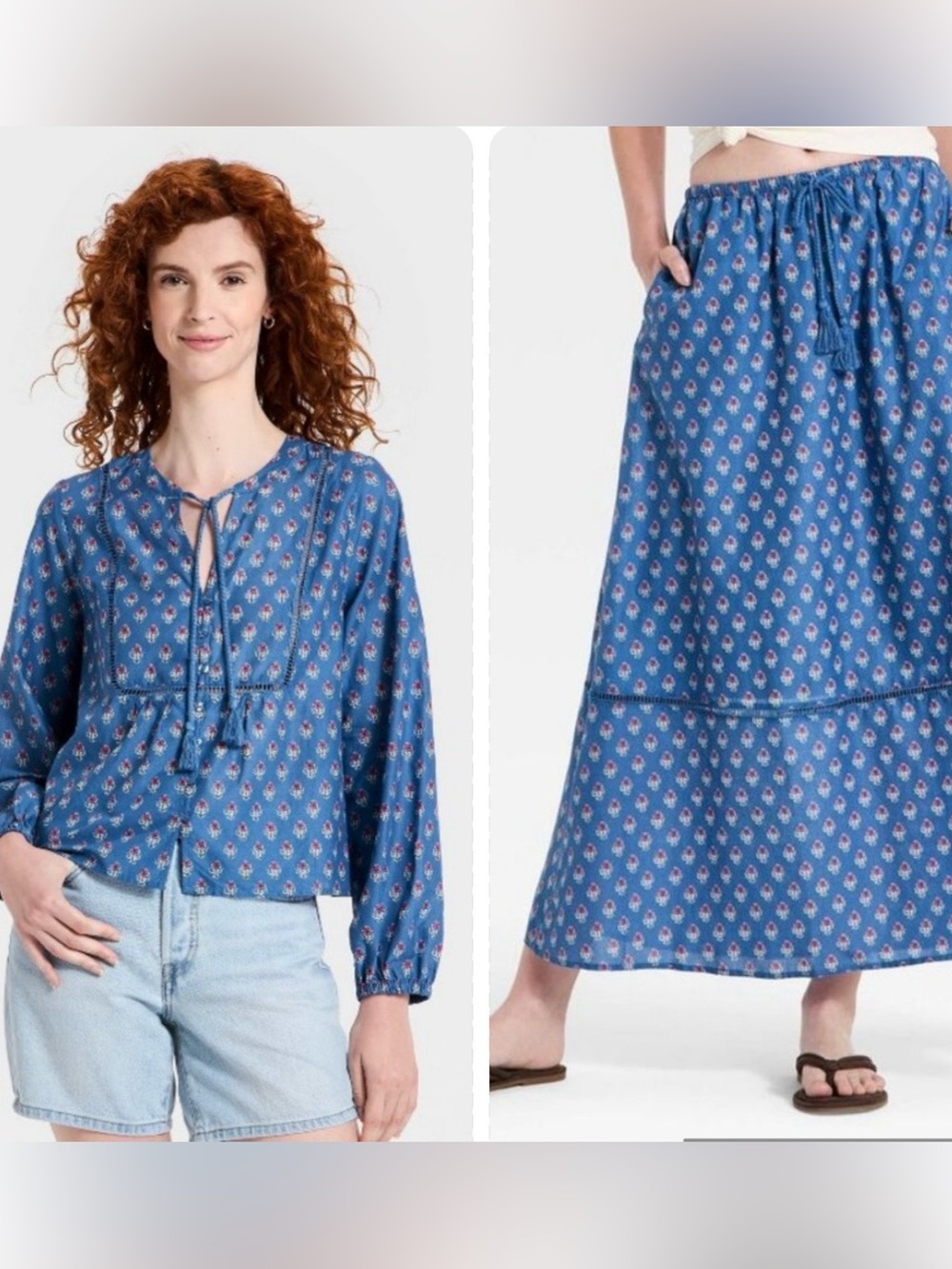 Universal Thread Long Sleeve Printed Blouse and Maxi Skirt SET size L - NWOT
